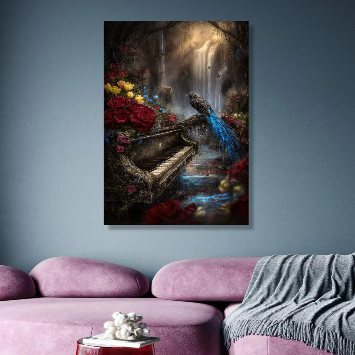 Enchanted Forest Waterfall Canvas, Vintage Piano Wall Art, Bird and Floral Nature Scene, Mystical wall decoration, canvas print, wall art