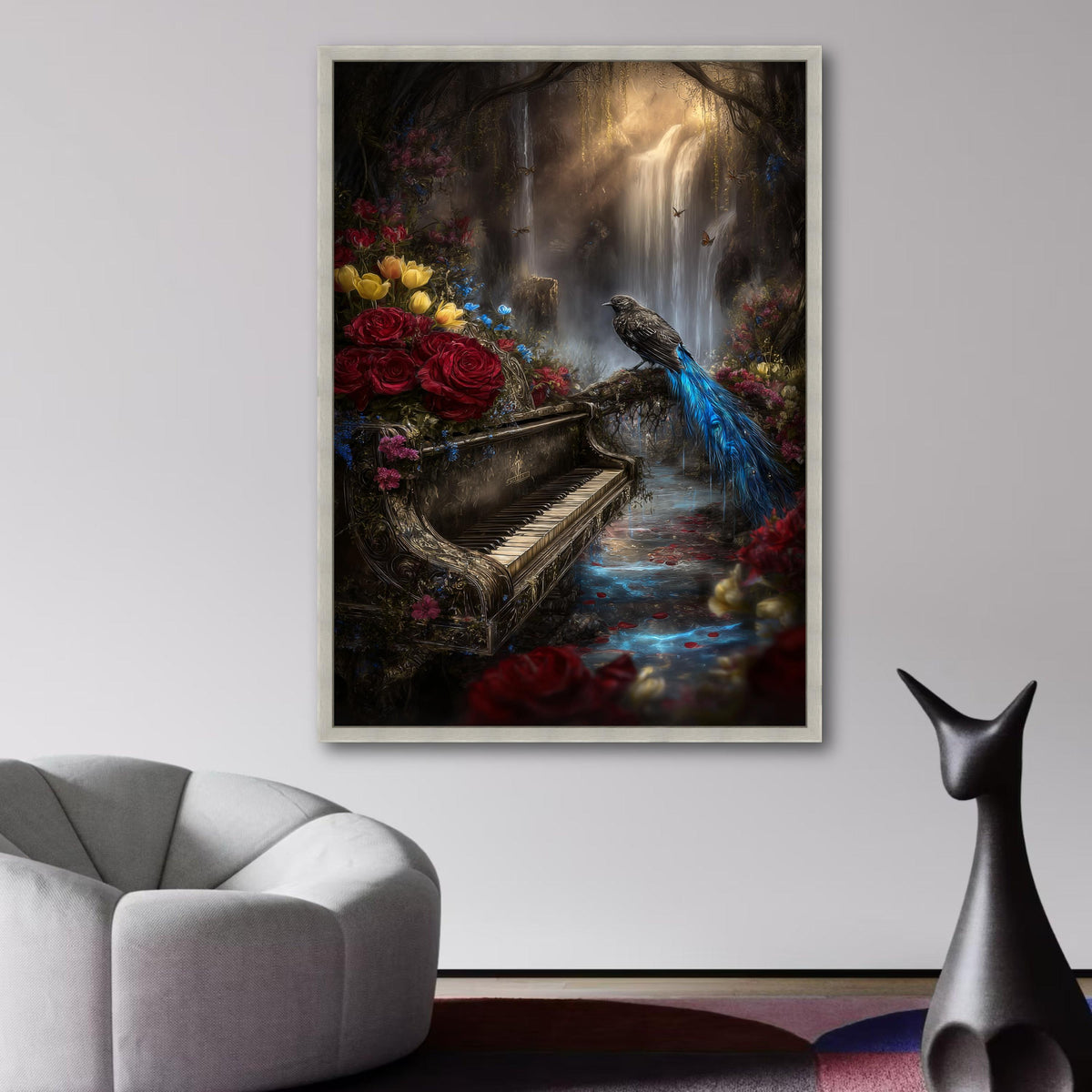 Enchanted Forest Waterfall Canvas, Vintage Piano Wall Art, Bird and Floral Nature Scene, Mystical wall decoration, canvas print, wall art