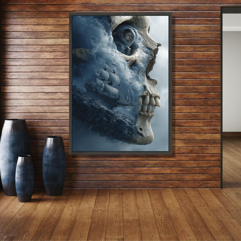 Surreal Skull Canvas Art, Astronaut and Sailing Ship, Fantasy Ocean Scene, Space Exploration Wall wall decoration, canvas print, wall art