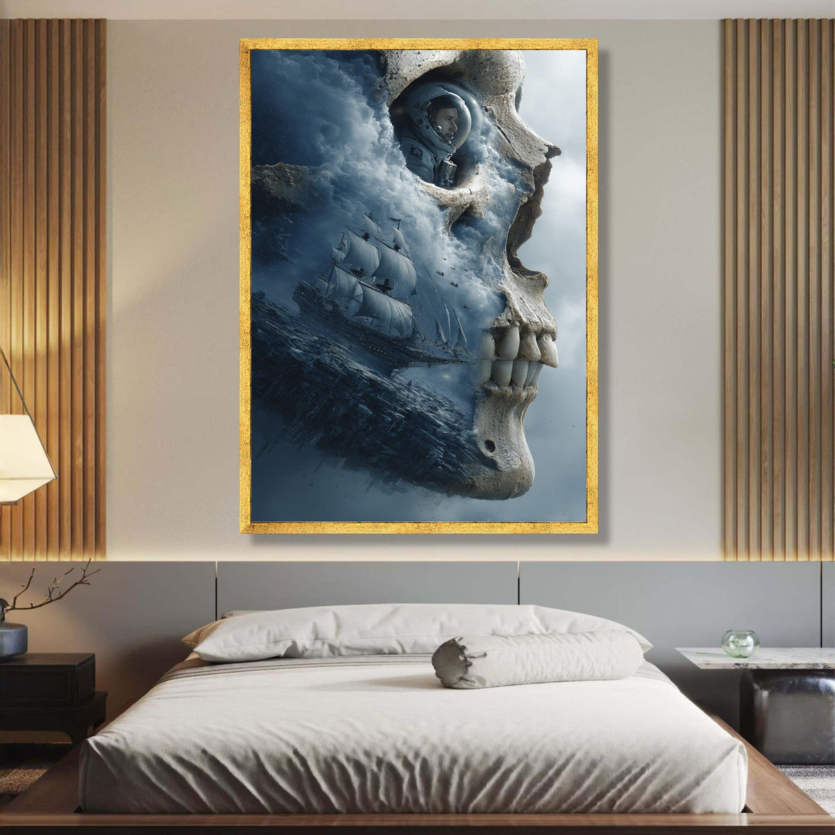 Surreal Skull Canvas Art, Astronaut and Sailing Ship, Fantasy Ocean Scene, Space Exploration Wall wall decoration, canvas print, wall art