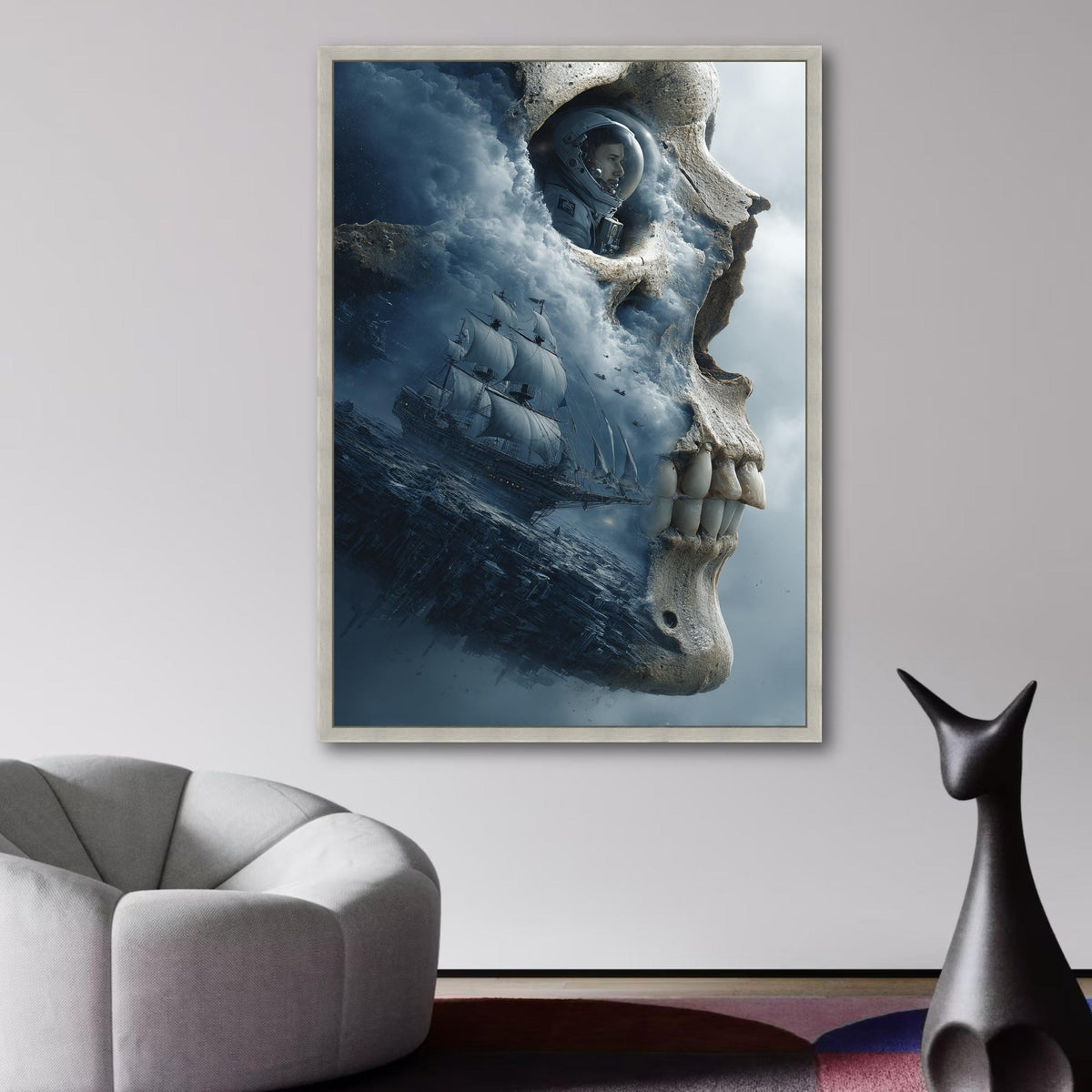 Surreal Skull Canvas Art, Astronaut and Sailing Ship, Fantasy Ocean Scene, Space Exploration Wall wall decoration, canvas print, wall art