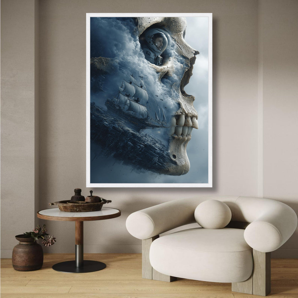 Surreal Skull Canvas Art, Astronaut and Sailing Ship, Fantasy Ocean Scene, Space Exploration Wall wall decoration, canvas print, wall art