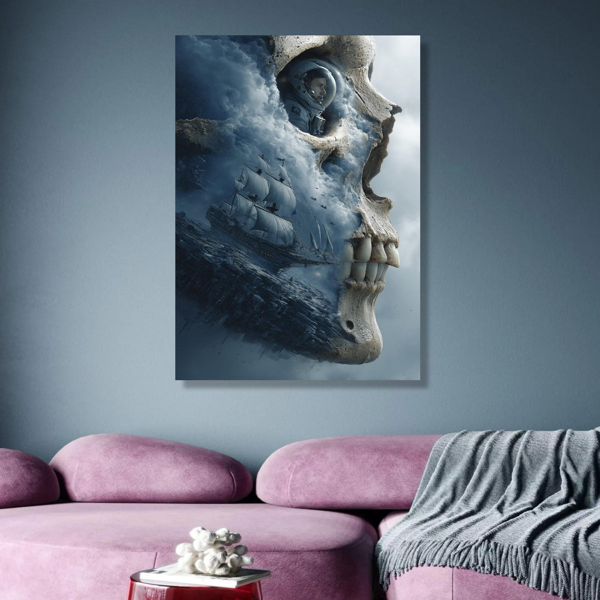 Surreal Skull Canvas Art, Astronaut and Sailing Ship, Fantasy Ocean Scene, Space Exploration Wall wall decoration, canvas print, wall art