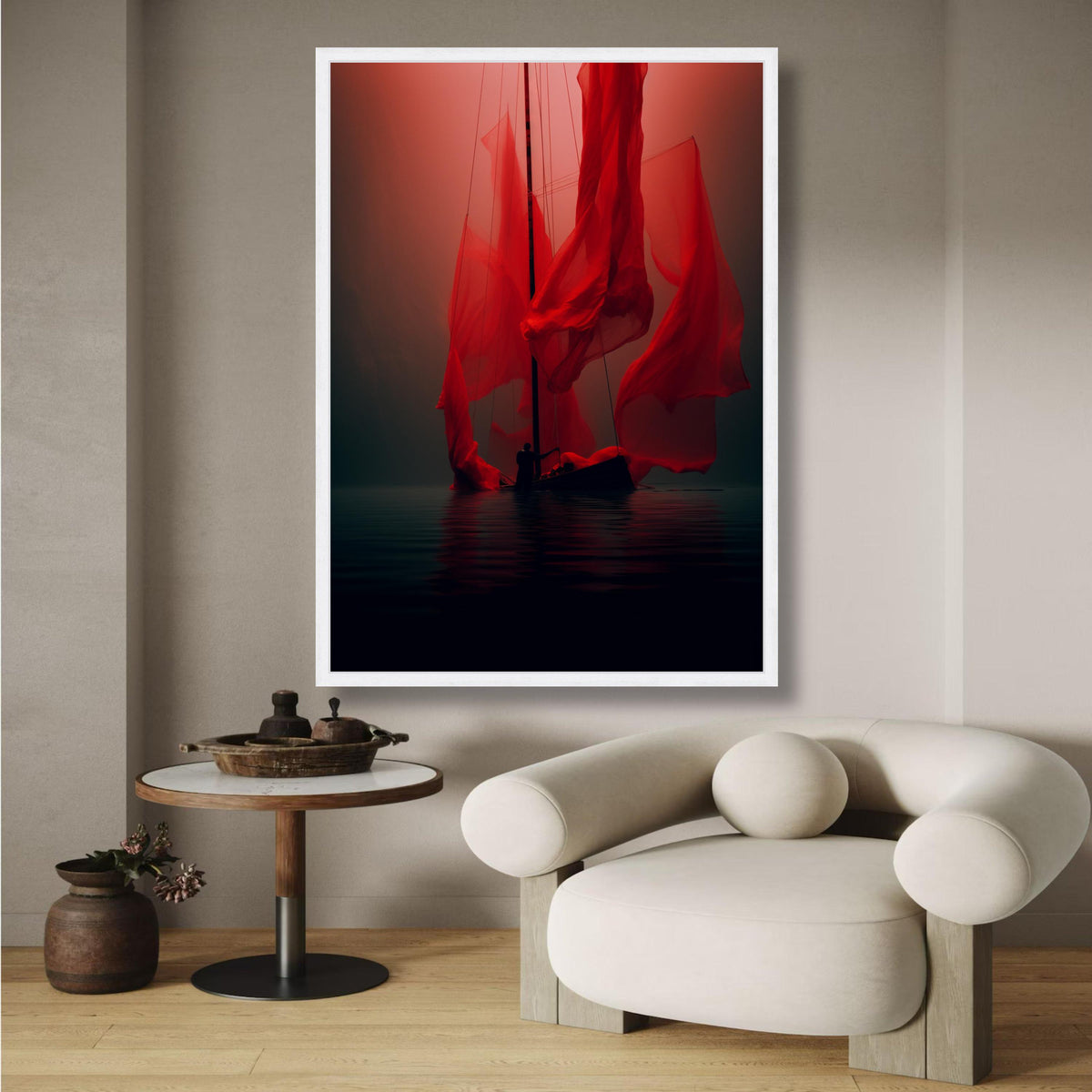 Mysterious Red Sailboat Canvas, Dramatic Silhouette Art, Abstract Nautical Wall Decor, Floating Boat wall decoration, canvas print, wall art