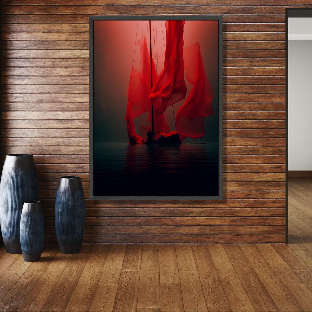 Mysterious Red Sailboat Canvas, Dramatic Silhouette Art, Abstract Nautical Wall Decor, Floating Boat wall decoration, canvas print, wall art