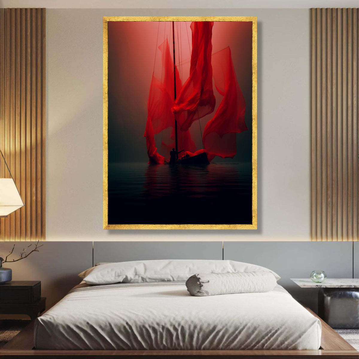 Mysterious Red Sailboat Canvas, Dramatic Silhouette Art, Abstract Nautical Wall Decor, Floating Boat wall decoration, canvas print, wall art
