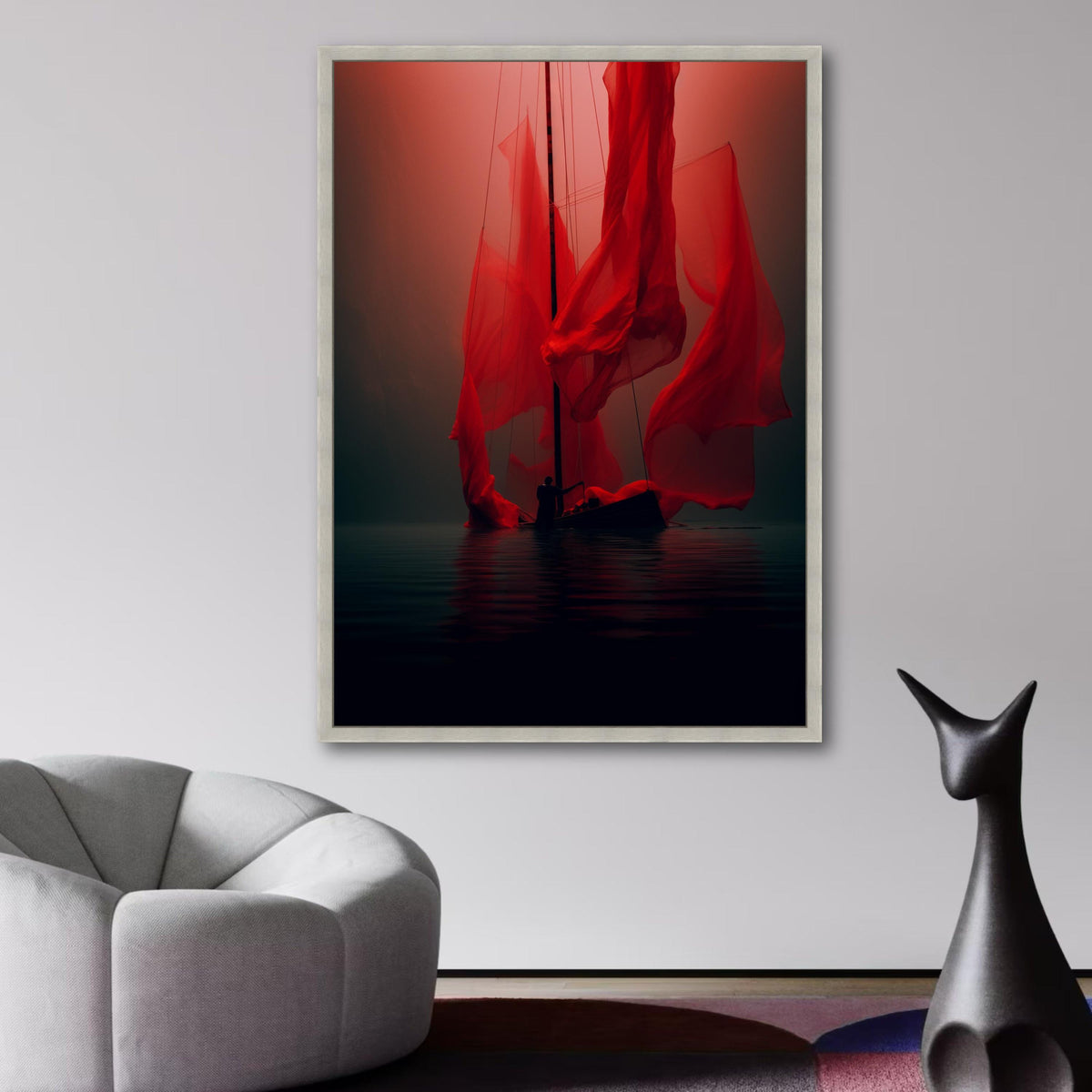 Mysterious Red Sailboat Canvas, Dramatic Silhouette Art, Abstract Nautical Wall Decor, Floating Boat wall decoration, canvas print, wall art