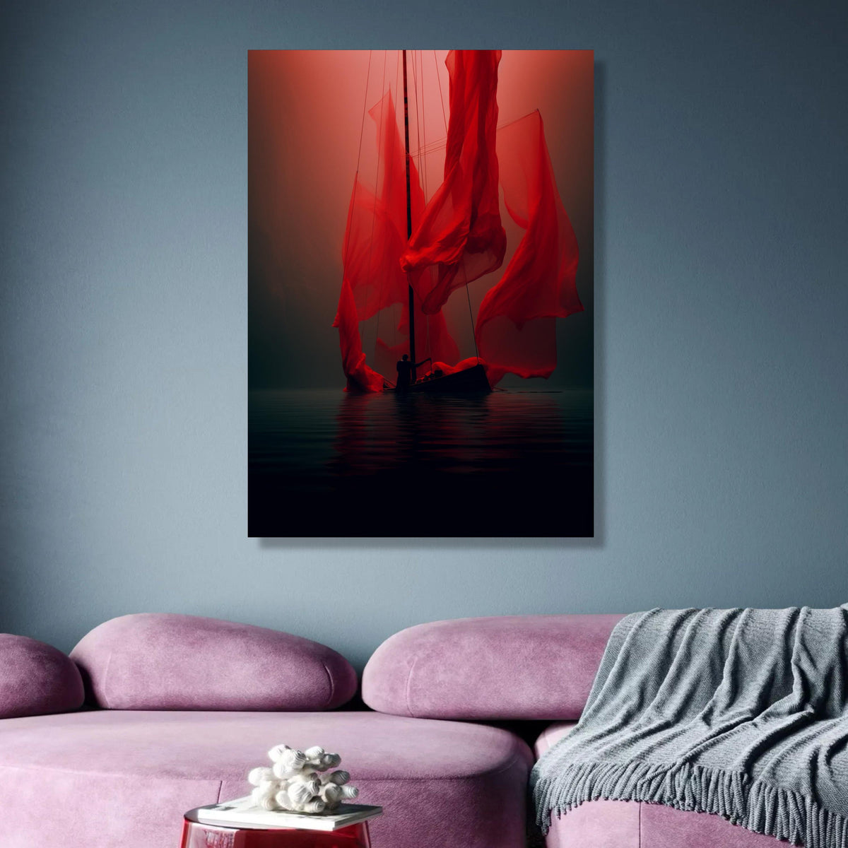 Mysterious Red Sailboat Canvas, Dramatic Silhouette Art, Abstract Nautical Wall Decor, Floating Boat wall decoration, canvas print, wall art
