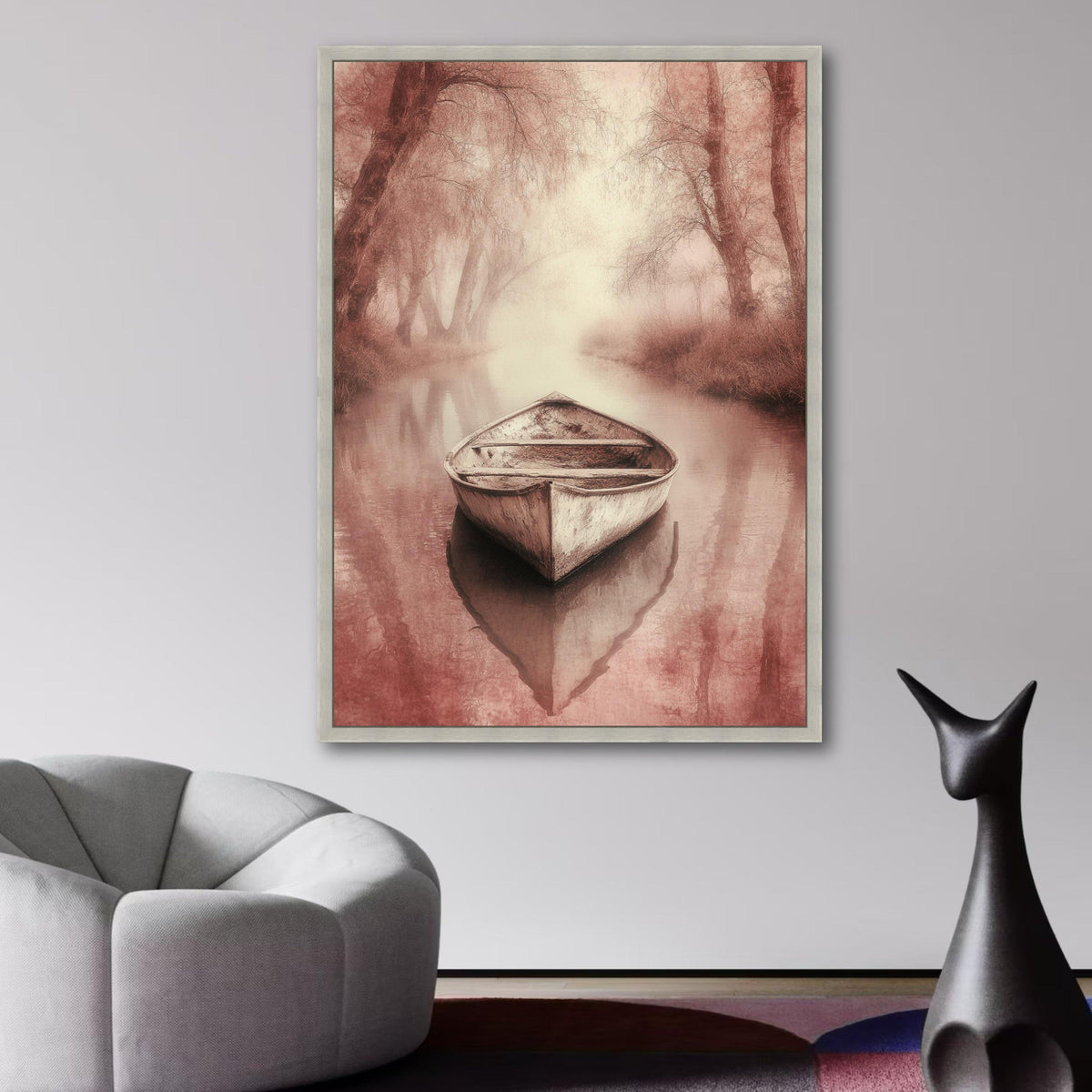 Tranquil Rowboat Scene, Misty River Canvas, Rustic Nature Wall Art, Serene Landscape Print, Vintage wall decoration, canvas print, wall art
