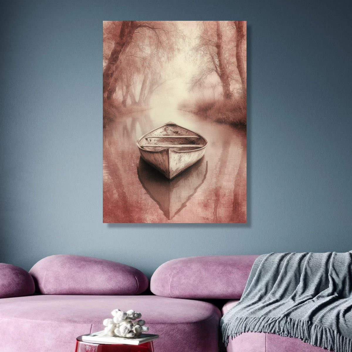 Tranquil Rowboat Scene, Misty River Canvas, Rustic Nature Wall Art, Serene Landscape Print, Vintage wall decoration, canvas print, wall art