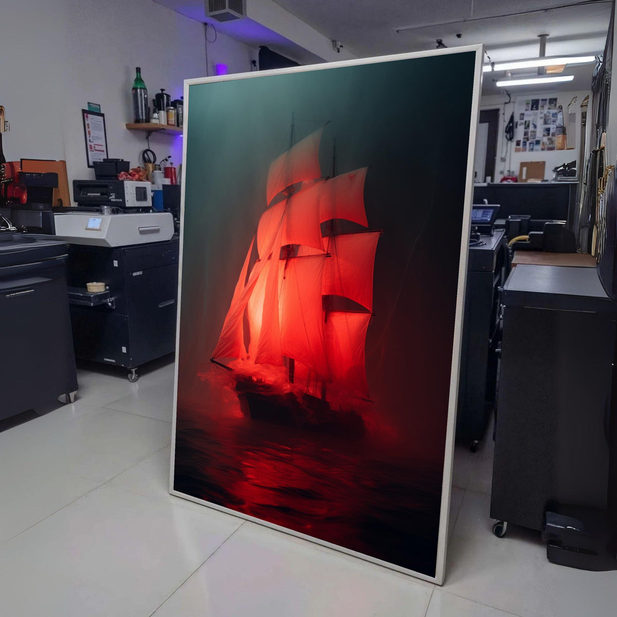 Dramatic Red Sailboat Canvas Wall Art, Illuminated Sailing Ship, Nautical Ocean Scene, Moody wall decoration, canvas print, wall art