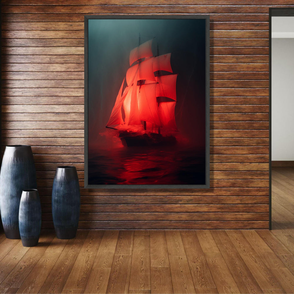 Dramatic Red Sailboat Canvas Wall Art, Illuminated Sailing Ship, Nautical Ocean Scene, Moody wall decoration, canvas print, wall art
