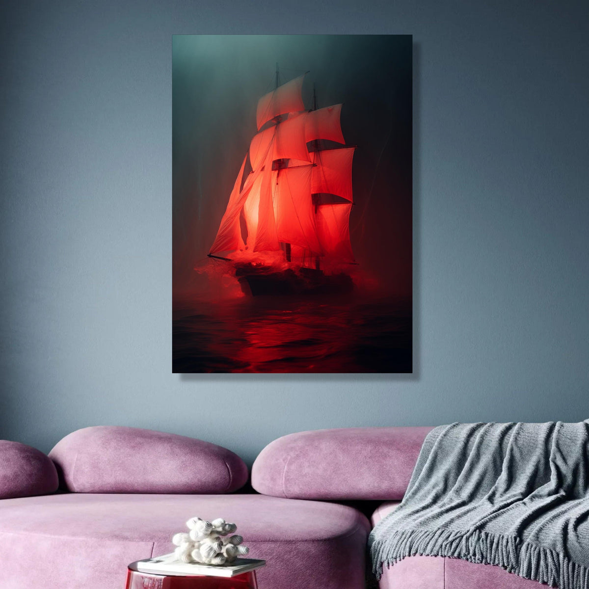 Dramatic Red Sailboat Canvas Wall Art, Illuminated Sailing Ship, Nautical Ocean Scene, Moody wall decoration, canvas print, wall art