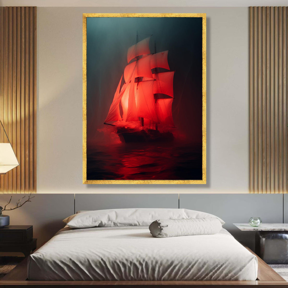Dramatic Red Sailboat Canvas Wall Art, Illuminated Sailing Ship, Nautical Ocean Scene, Moody wall decoration, canvas print, wall art