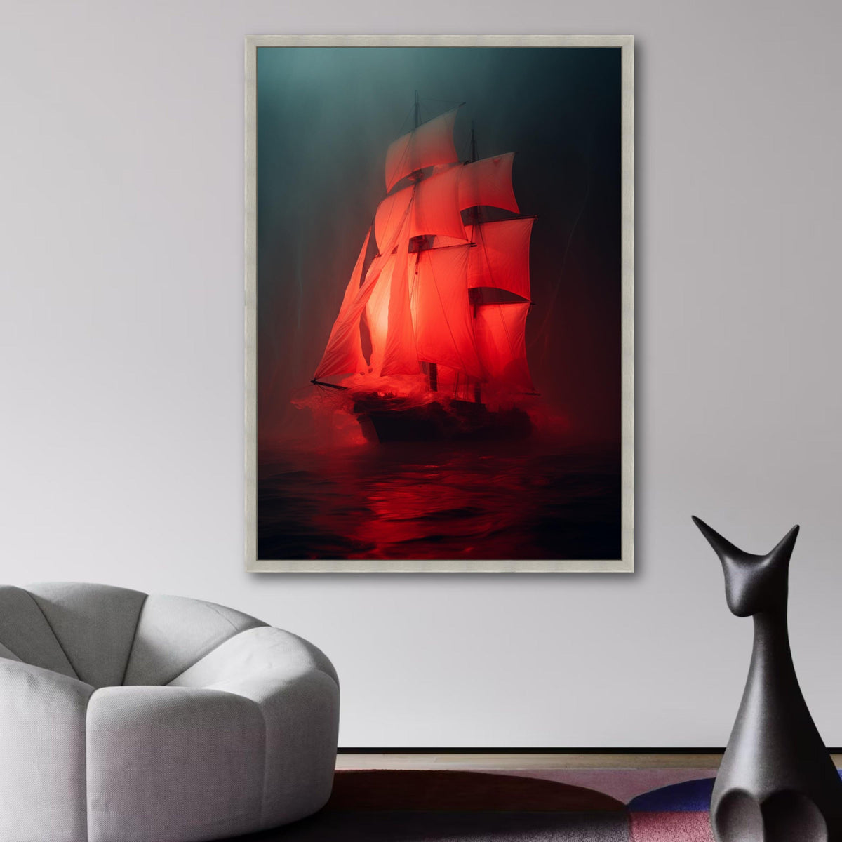 Dramatic Red Sailboat Canvas Wall Art, Illuminated Sailing Ship, Nautical Ocean Scene, Moody wall decoration, canvas print, wall art