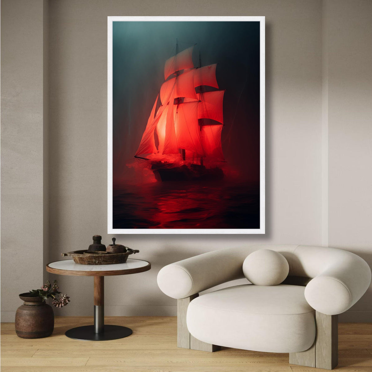 Dramatic Red Sailboat Canvas Wall Art, Illuminated Sailing Ship, Nautical Ocean Scene, Moody wall decoration, canvas print, wall art