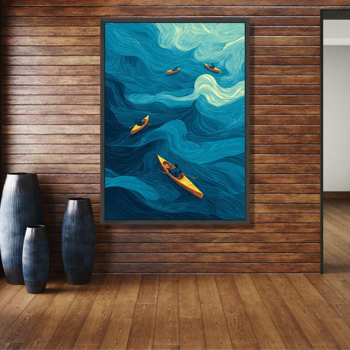 Ocean Waves with Canoe Paddlers, Abstract Water Flow Canvas, Nautical Wall Art, Blue and Yellow Home wall decoration, canvas print, wall art