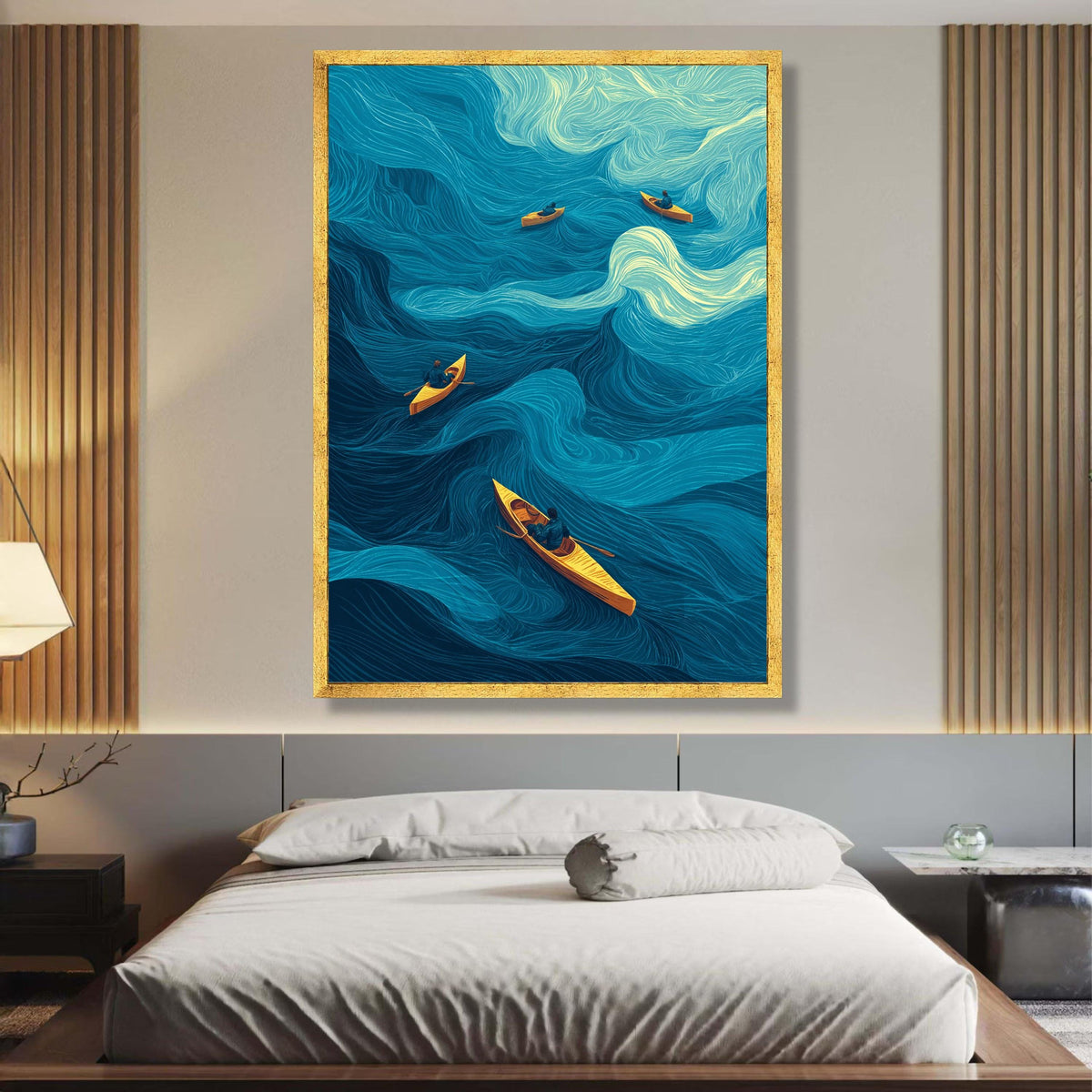 Ocean Waves with Canoe Paddlers, Abstract Water Flow Canvas, Nautical Wall Art, Blue and Yellow Home wall decoration, canvas print, wall art