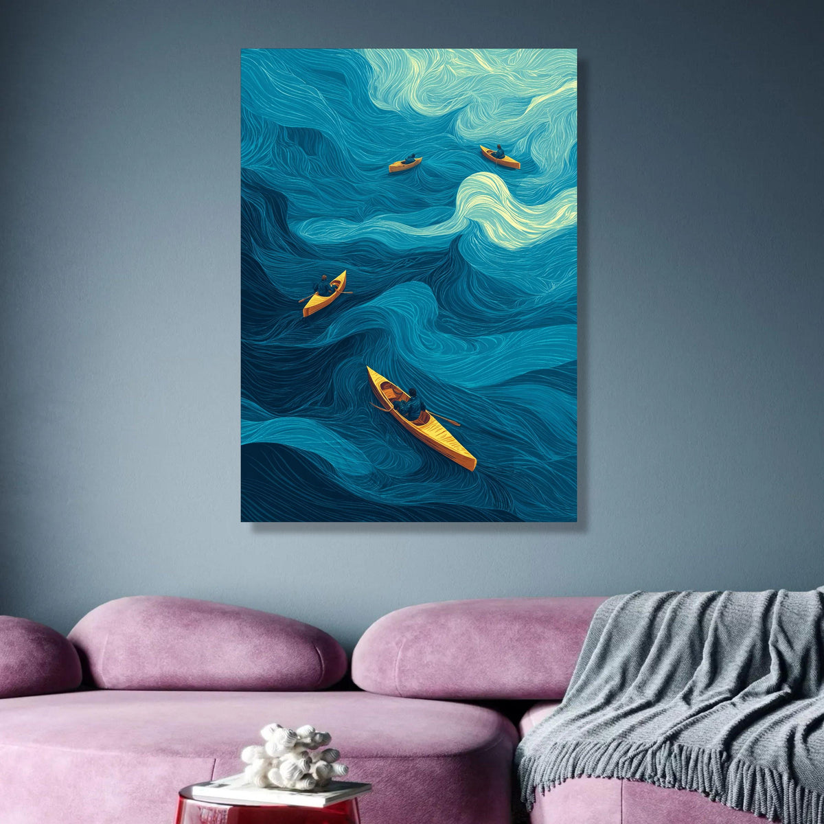 Ocean Waves with Canoe Paddlers, Abstract Water Flow Canvas, Nautical Wall Art, Blue and Yellow Home wall decoration, canvas print, wall art