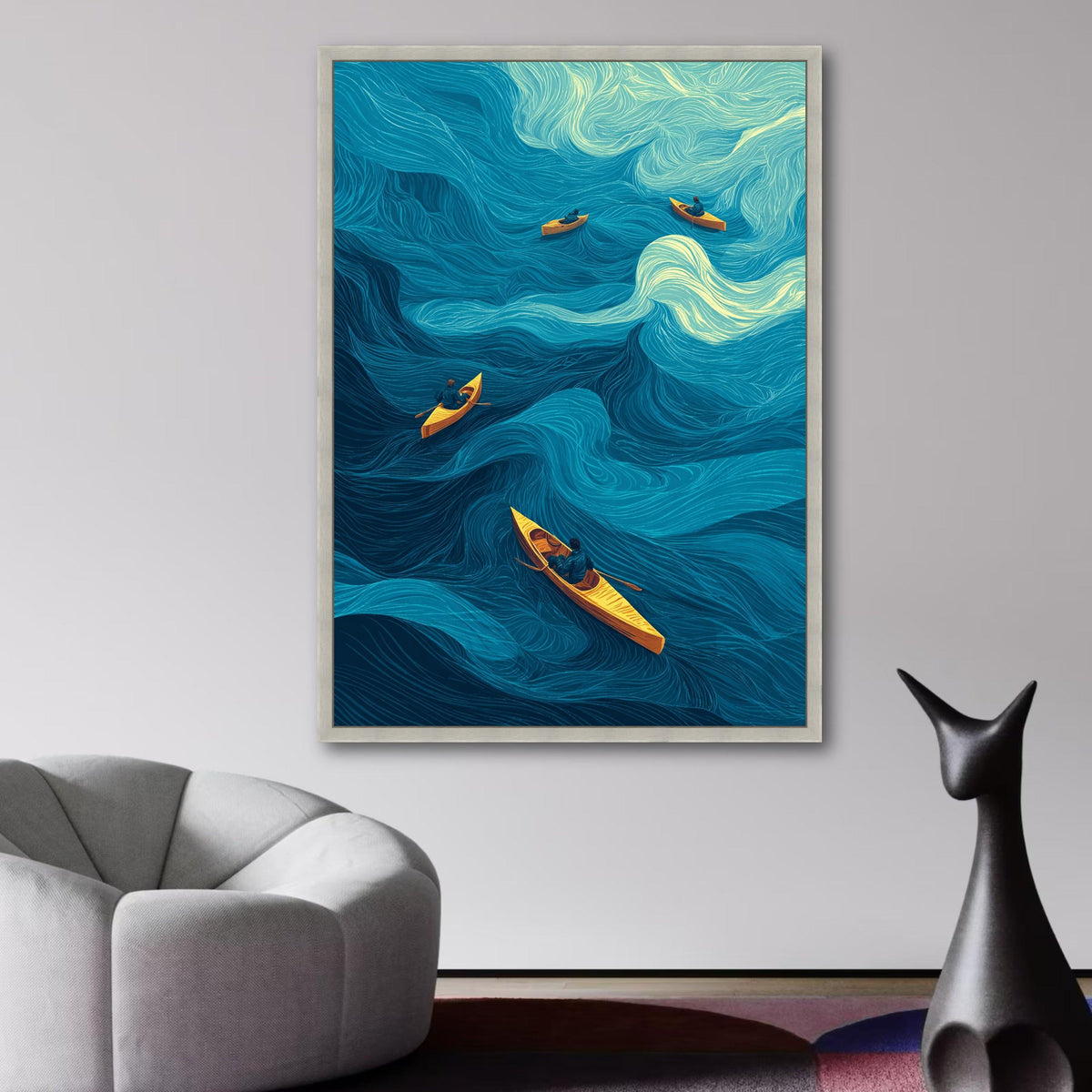 Ocean Waves with Canoe Paddlers, Abstract Water Flow Canvas, Nautical Wall Art, Blue and Yellow Home wall decoration, canvas print, wall art