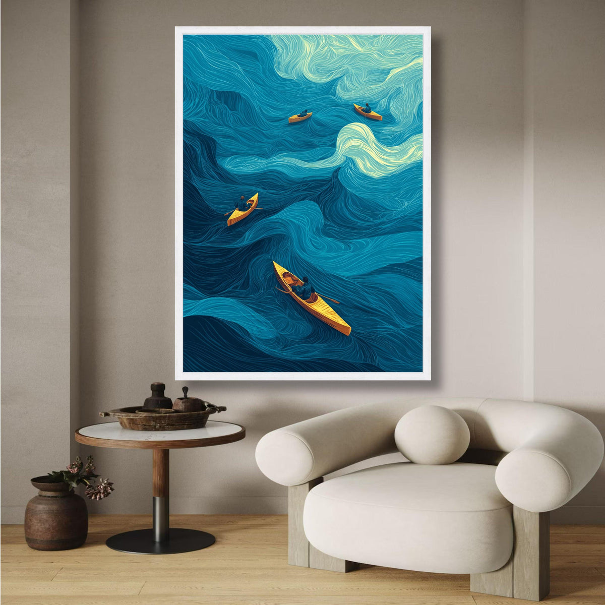 Ocean Waves with Canoe Paddlers, Abstract Water Flow Canvas, Nautical Wall Art, Blue and Yellow Home wall decoration, canvas print, wall art