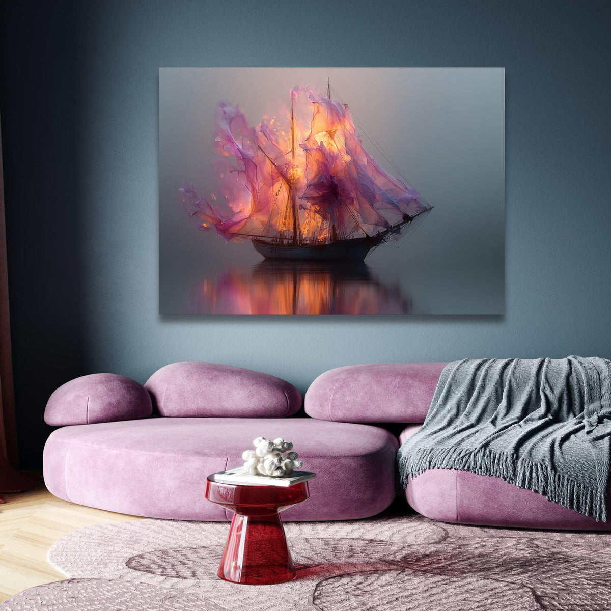 Ethereal Sailing Ship Canvas, Flaming Purple Sails Wall Art, Mystical Boat Reflection, Surreal wall decoration, canvas print, wall art