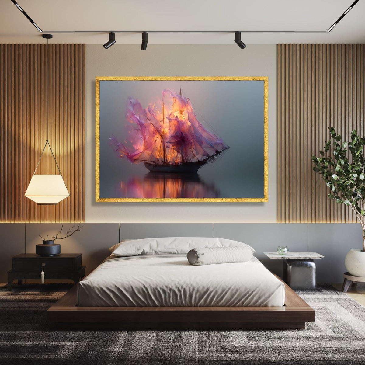 Ethereal Sailing Ship Canvas, Flaming Purple Sails Wall Art, Mystical Boat Reflection, Surreal wall decoration, canvas print, wall art