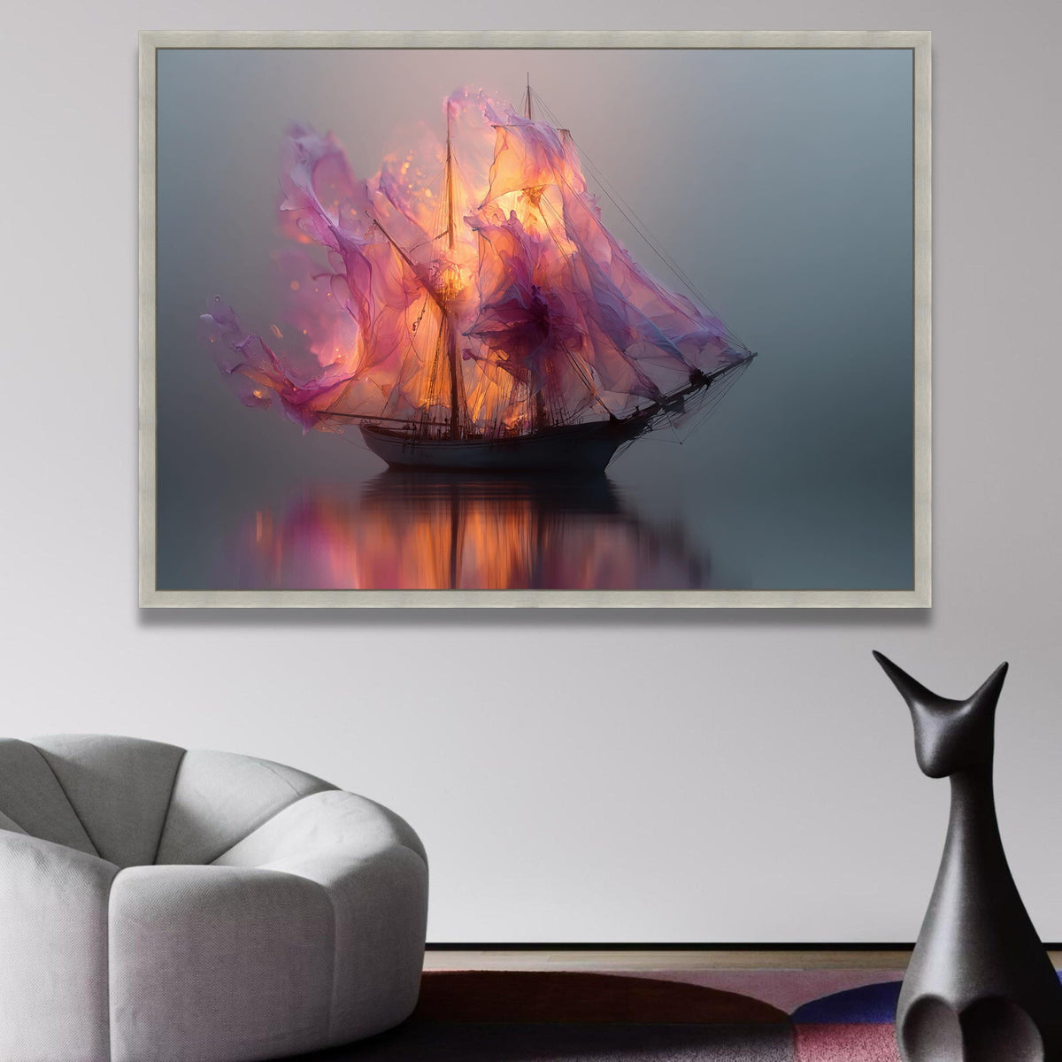 Ethereal Sailing Ship Canvas, Flaming Purple Sails Wall Art, Mystical Boat Reflection, Surreal wall decoration, canvas print, wall art