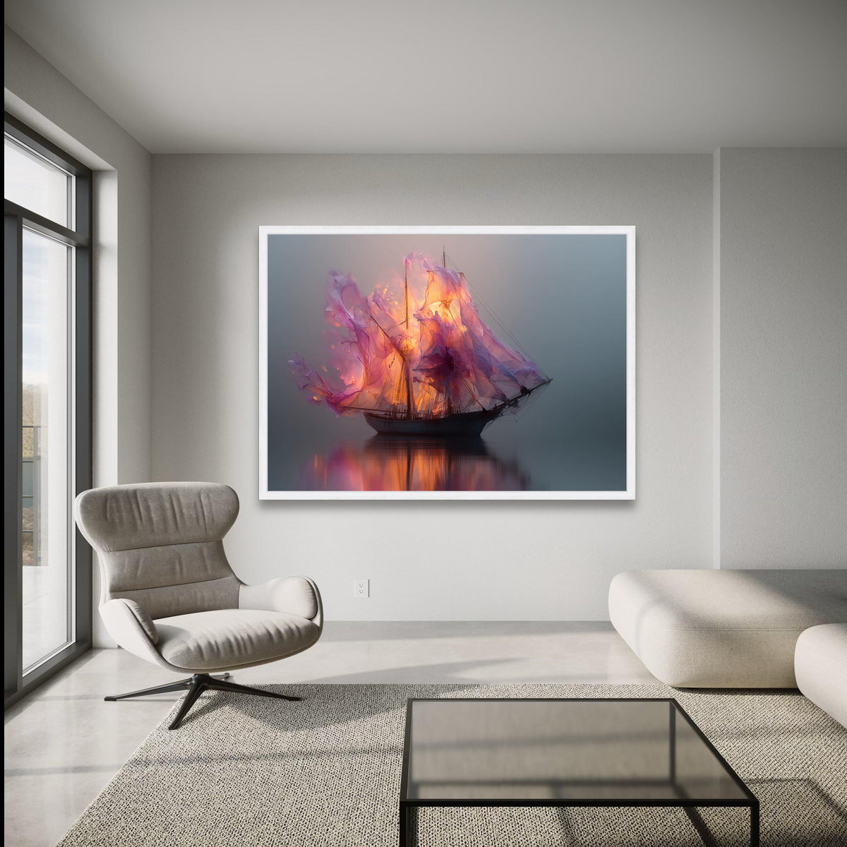 Ethereal Sailing Ship Canvas, Flaming Purple Sails Wall Art, Mystical Boat Reflection, Surreal wall decoration, canvas print, wall art