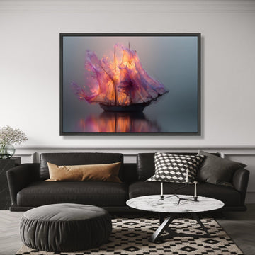 Ethereal Sailing Ship Canvas, Flaming Purple Sails Wall Art, Mystical Boat Reflection, Surreal wall decoration, canvas print, wall art