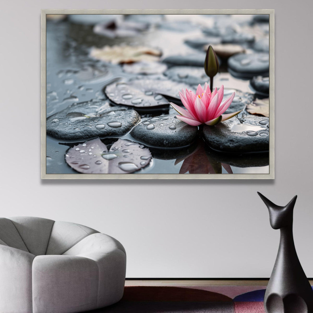 Pink Lotus Flower with Water Droplets on Black Pebbles Canvas, Zen Spa Wall Art, Tranquil Nature wall decoration, canvas print, wall art