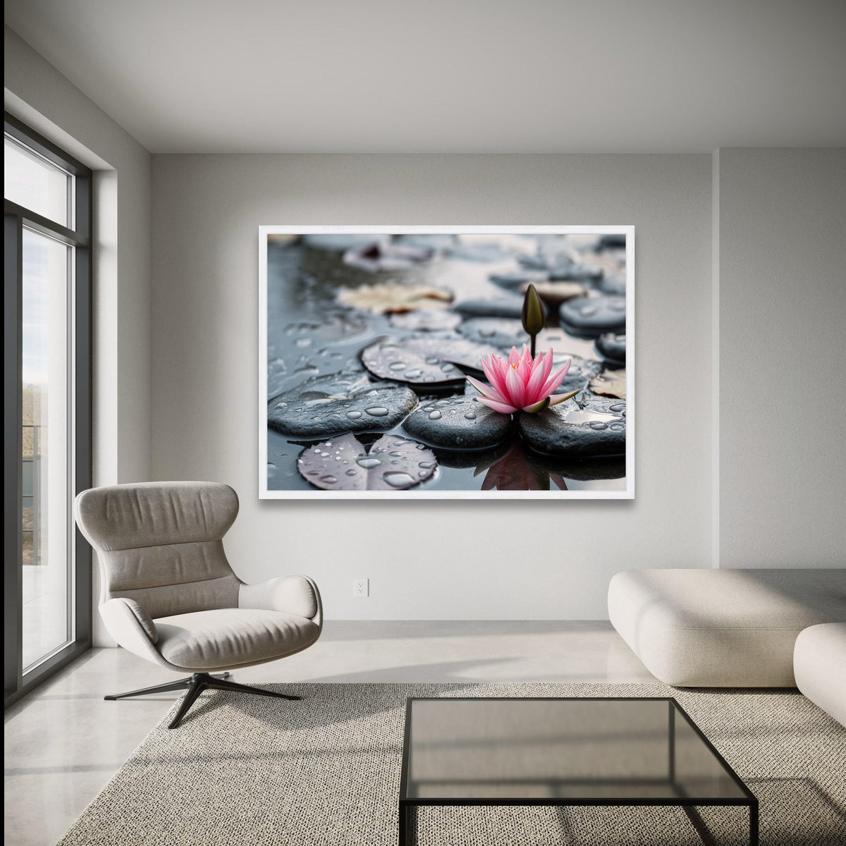 Pink Lotus Flower with Water Droplets on Black Pebbles Canvas, Zen Spa Wall Art, Tranquil Nature wall decoration, canvas print, wall art