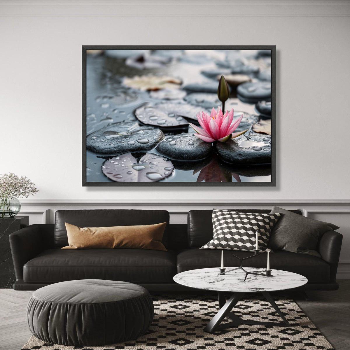 Pink Lotus Flower with Water Droplets on Black Pebbles Canvas, Zen Spa Wall Art, Tranquil Nature wall decoration, canvas print, wall art