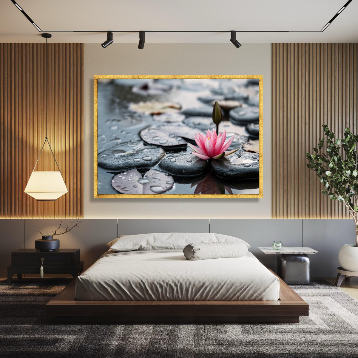 Pink Lotus Flower with Water Droplets on Black Pebbles Canvas, Zen Spa Wall Art, Tranquil Nature wall decoration, canvas print, wall art