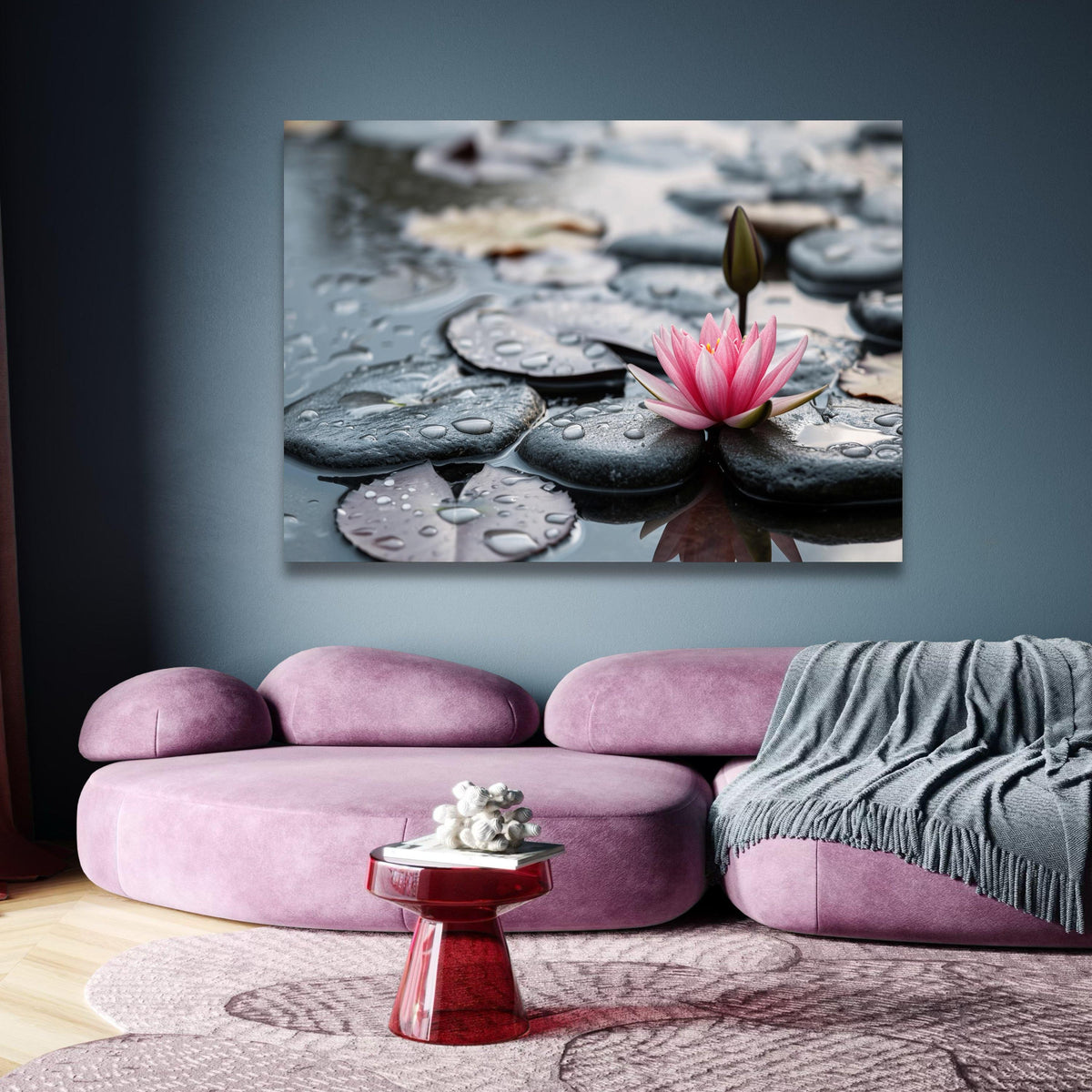 Pink Lotus Flower with Water Droplets on Black Pebbles Canvas, Zen Spa Wall Art, Tranquil Nature wall decoration, canvas print, wall art