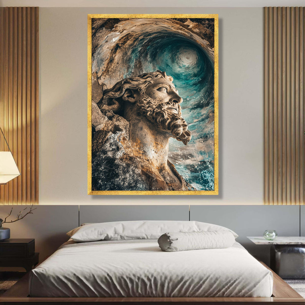 Poseidon Statue Canvas Art, Ocean Wave Wall Decor, Mythological Sea God Canvas, Nautical Home wall decoration, canvas print, wall art