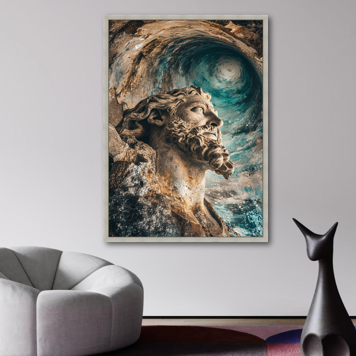 Poseidon Statue Canvas Art, Ocean Wave Wall Decor, Mythological Sea God Canvas, Nautical Home wall decoration, canvas print, wall art