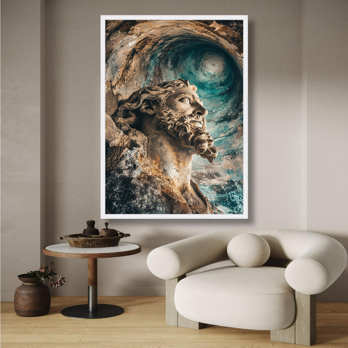 Poseidon Statue Canvas Art, Ocean Wave Wall Decor, Mythological Sea God Canvas, Nautical Home wall decoration, canvas print, wall art