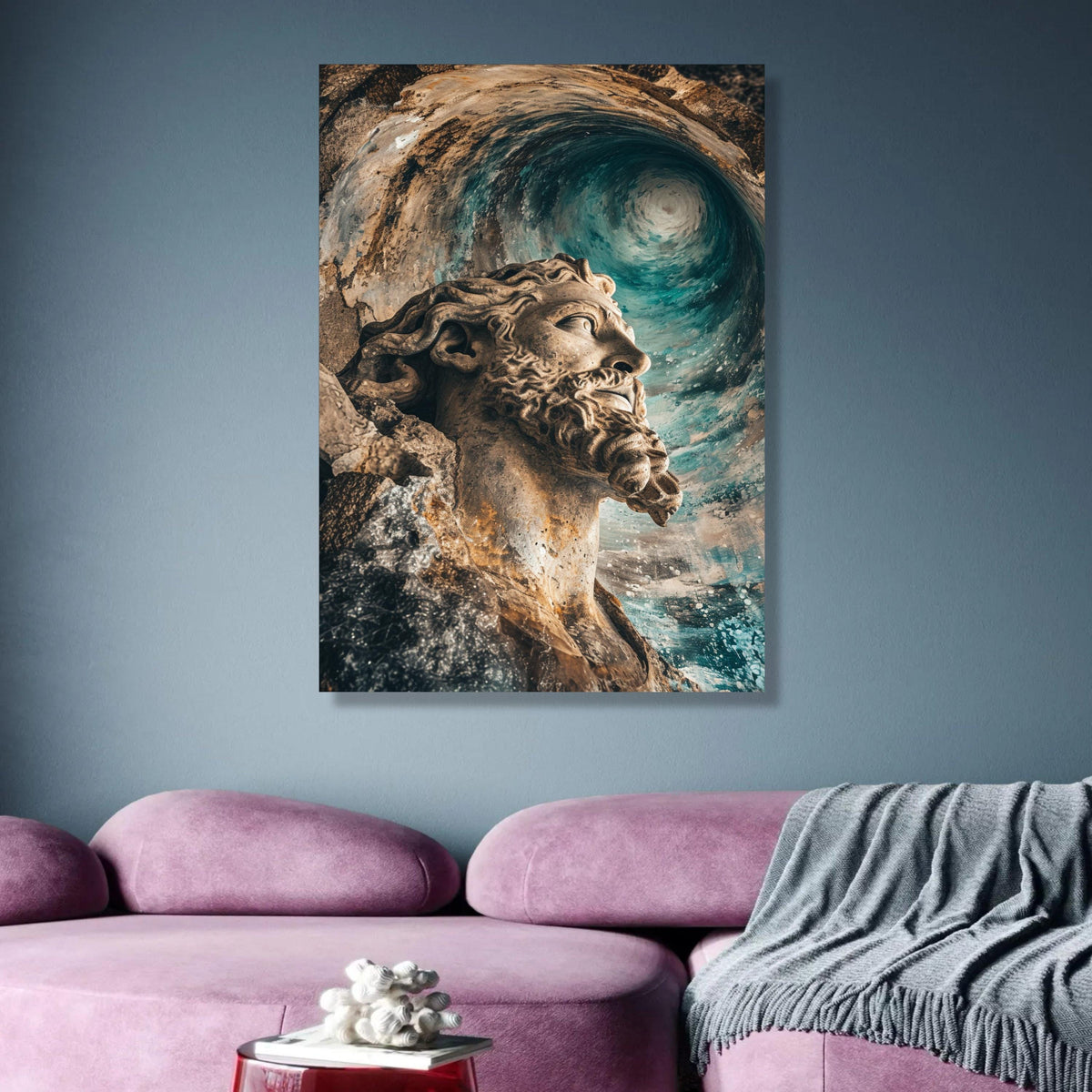 Poseidon Statue Canvas Art, Ocean Wave Wall Decor, Mythological Sea God Canvas, Nautical Home wall decoration, canvas print, wall art