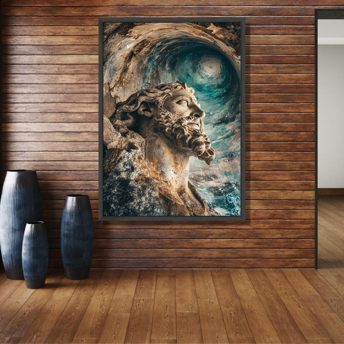Poseidon Statue Canvas Art, Ocean Wave Wall Decor, Mythological Sea God Canvas, Nautical Home wall decoration, canvas print, wall art