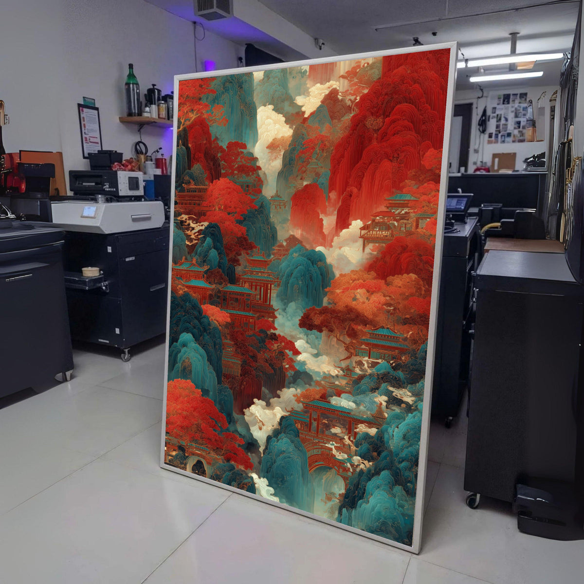 Mystical Asian Mountain Landscape Canvas, Red and Blue Nature Scene, Traditional Pagoda Wall Art, wall decoration, canvas print, wall art