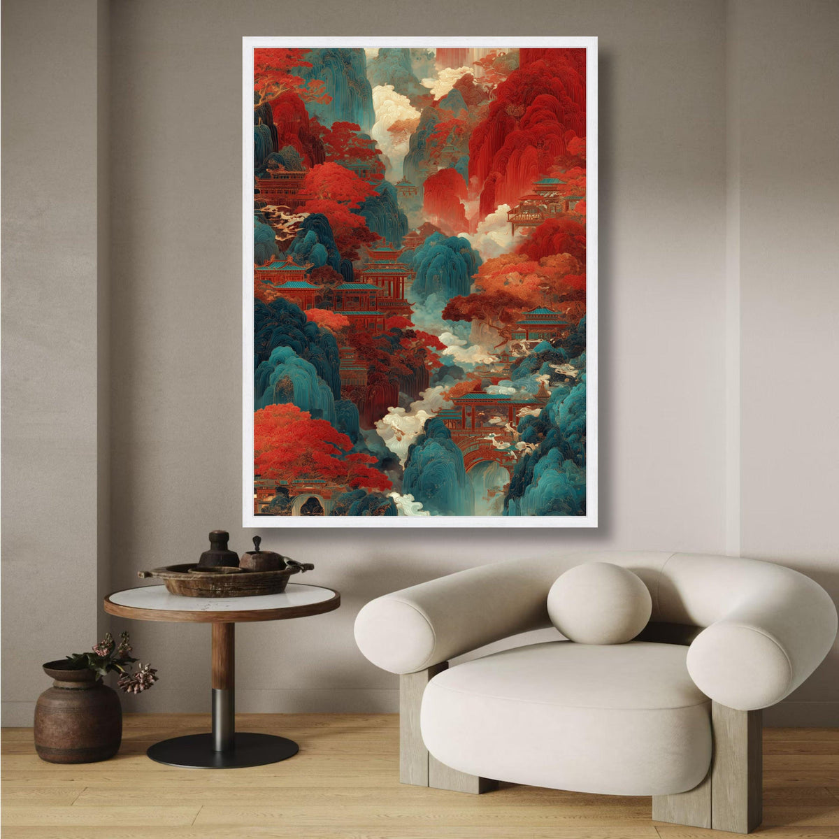 Mystical Asian Mountain Landscape Canvas, Red and Blue Nature Scene, Traditional Pagoda Wall Art, wall decoration, canvas print, wall art