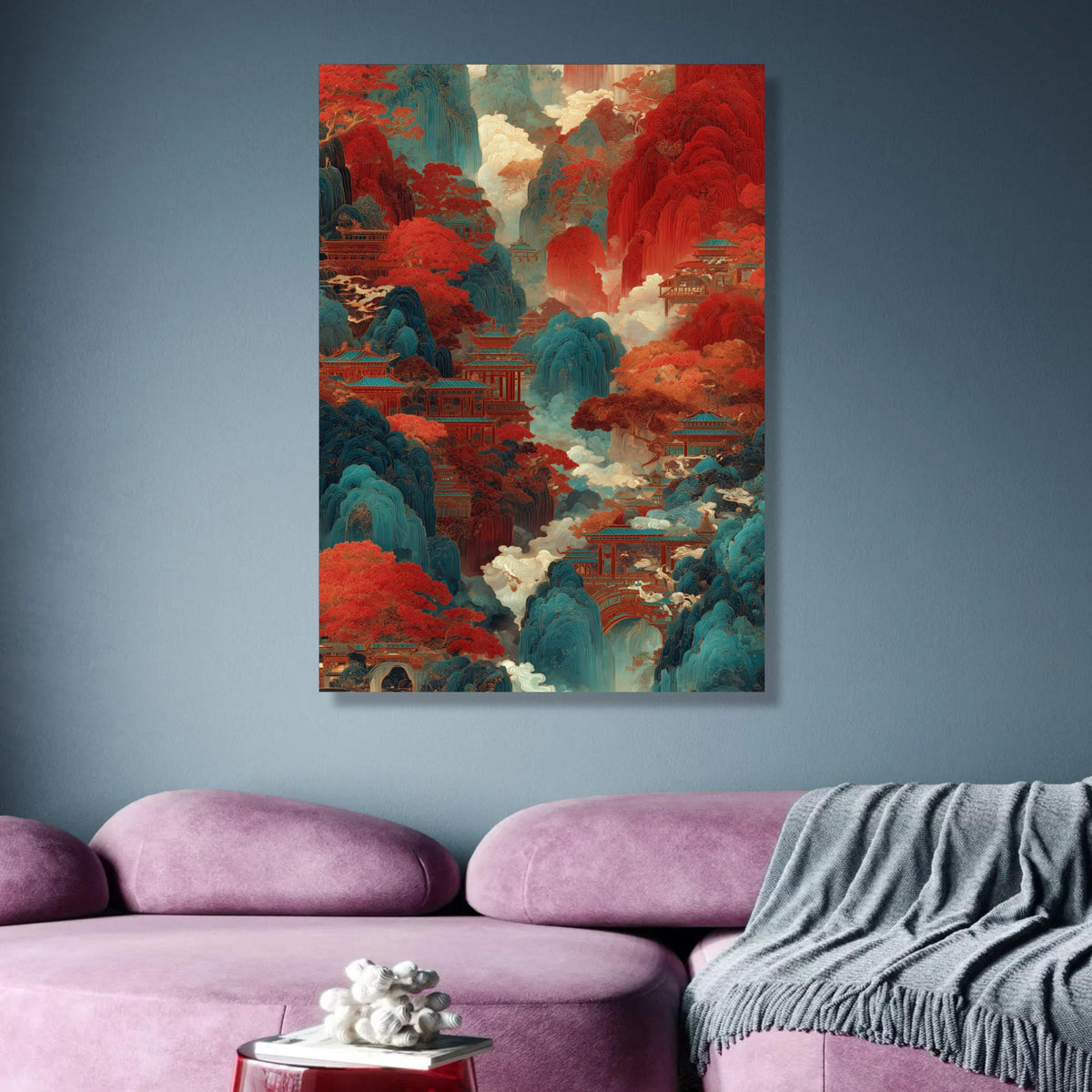 Mystical Asian Mountain Landscape Canvas, Red and Blue Nature Scene, Traditional Pagoda Wall Art, wall decoration, canvas print, wall art