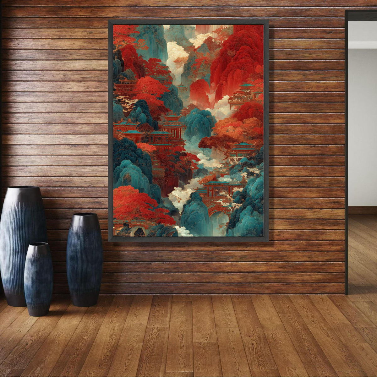 Mystical Asian Mountain Landscape Canvas, Red and Blue Nature Scene, Traditional Pagoda Wall Art, wall decoration, canvas print, wall art
