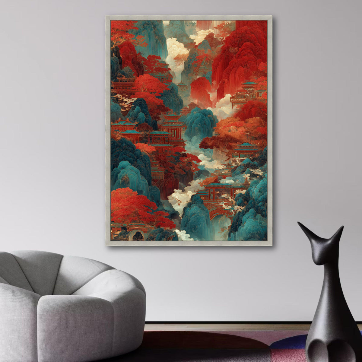 Mystical Asian Mountain Landscape Canvas, Red and Blue Nature Scene, Traditional Pagoda Wall Art, wall decoration, canvas print, wall art