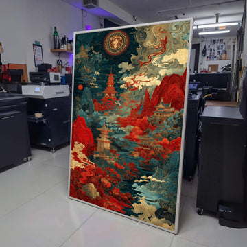 Mystical Asian Landscape Canvas, Pagoda Wall Art, Traditional Japanese Style, Red and Blue Nature wall decoration, canvas print, wall art