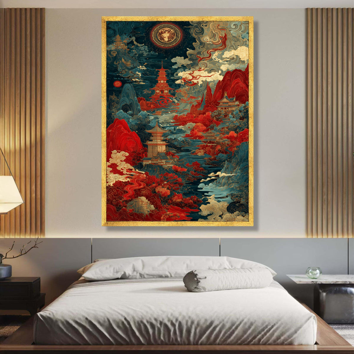 Mystical Asian Landscape Canvas, Pagoda Wall Art, Traditional Japanese Style, Red and Blue Nature wall decoration, canvas print, wall art