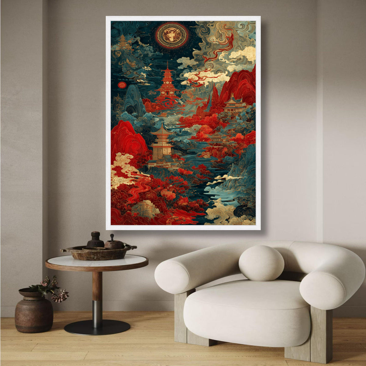 Mystical Asian Landscape Canvas, Pagoda Wall Art, Traditional Japanese Style, Red and Blue Nature wall decoration, canvas print, wall art