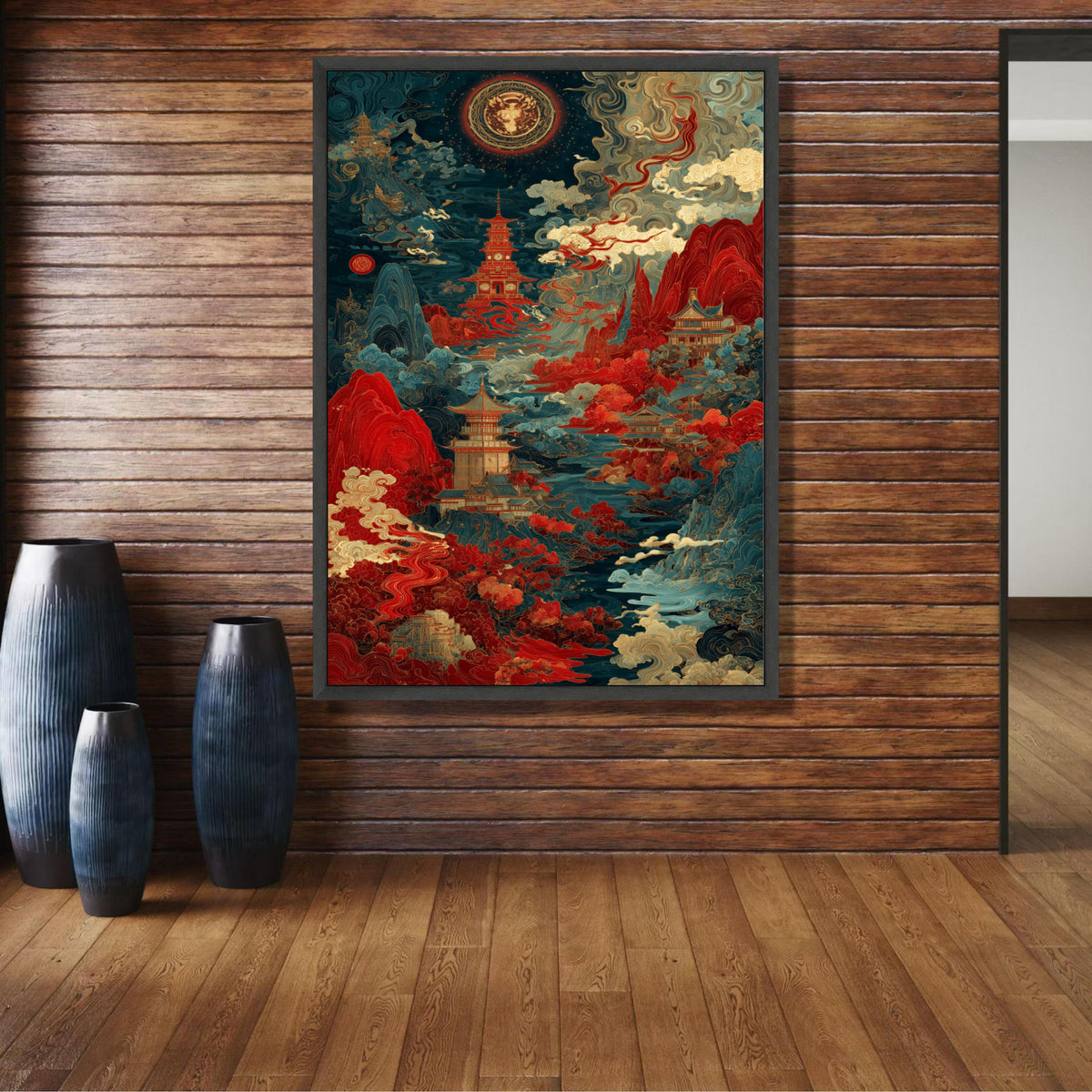 Mystical Asian Landscape Canvas, Pagoda Wall Art, Traditional Japanese Style, Red and Blue Nature wall decoration, canvas print, wall art