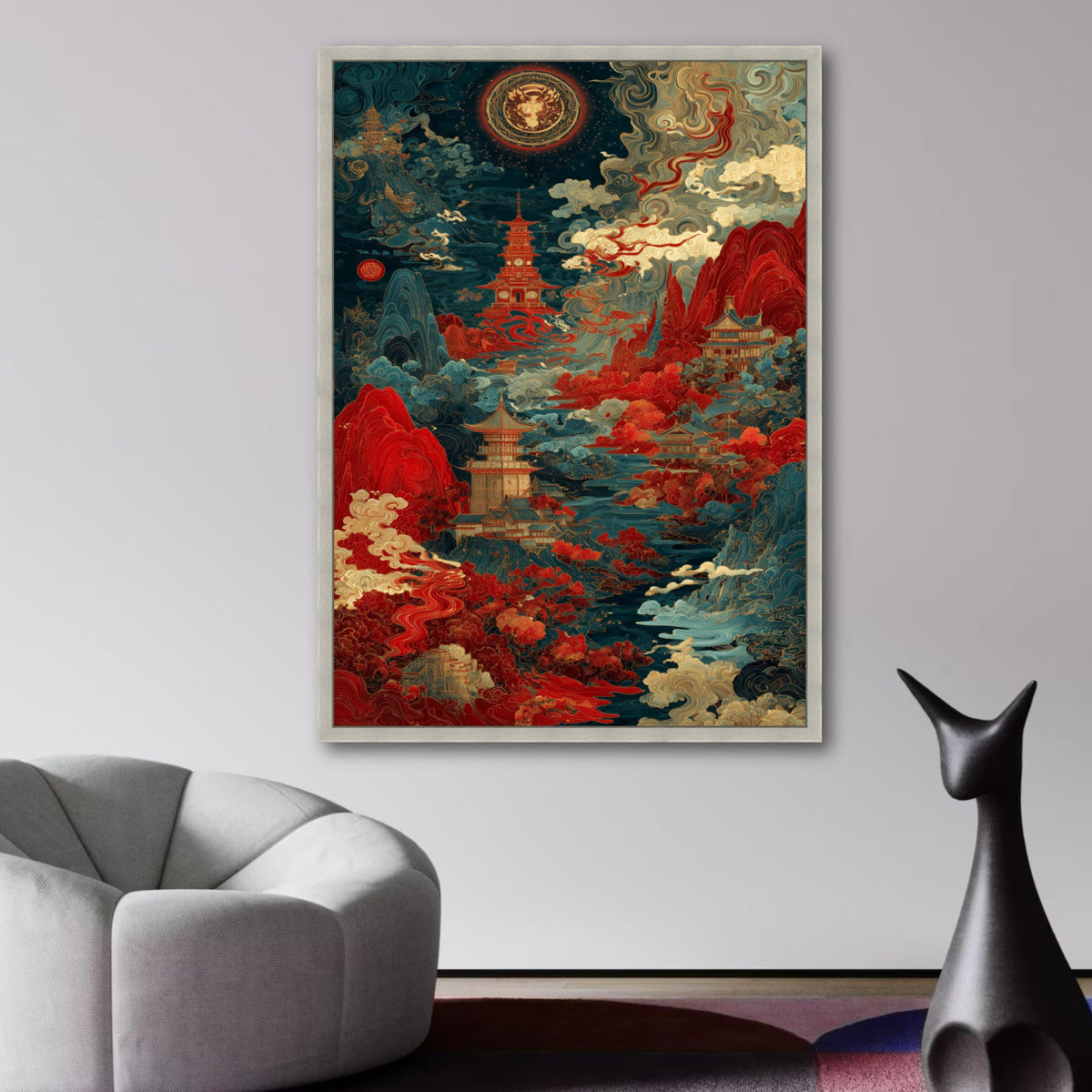 Mystical Asian Landscape Canvas, Pagoda Wall Art, Traditional Japanese Style, Red and Blue Nature wall decoration, canvas print, wall art
